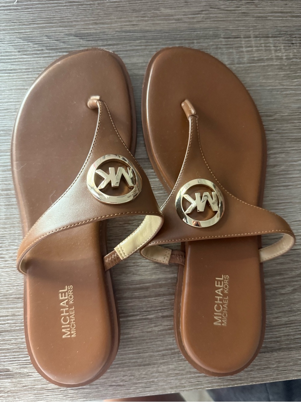 Michael Kors Tan Leather Logo Thong Sandals